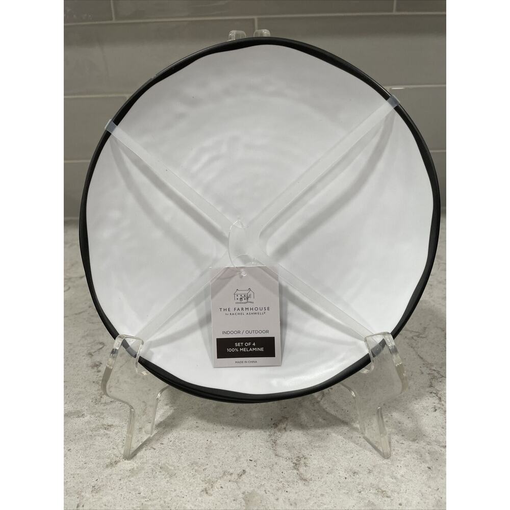 Set 4 The Farmhouse 9” Salad Lunch Plates Matte White Black Rim MELAMINE Ashwell